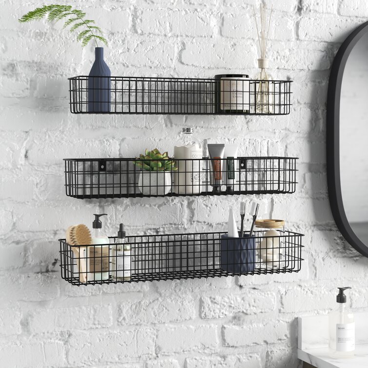 Metal wall shelf best sale with baskets and hooks